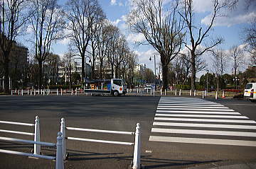 迎賓館前の横断歩道を渡る